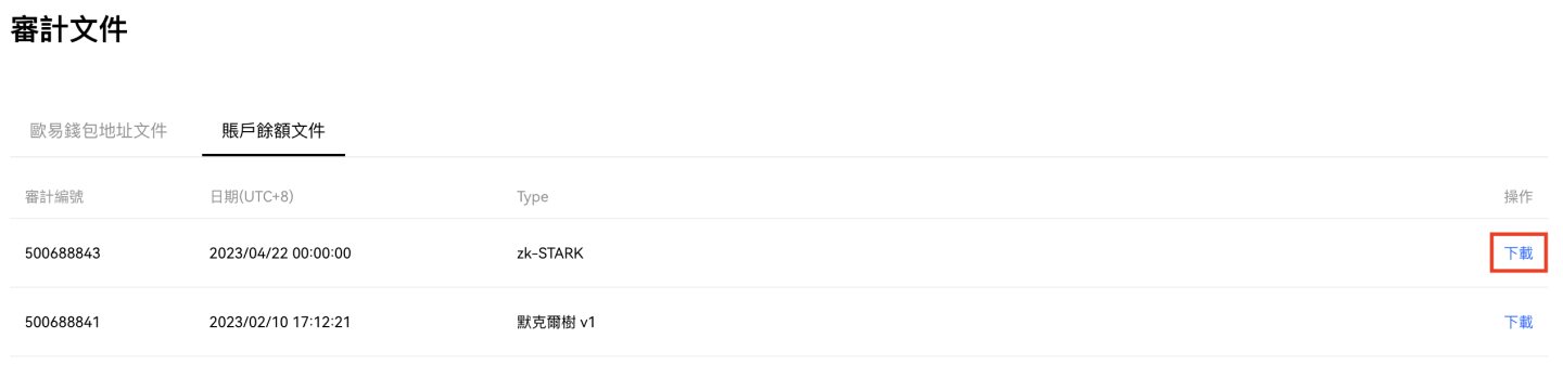 在“儲備金證明文件”頁面下的“賬戶餘額文件”部分下載 zk-STARK 文件。