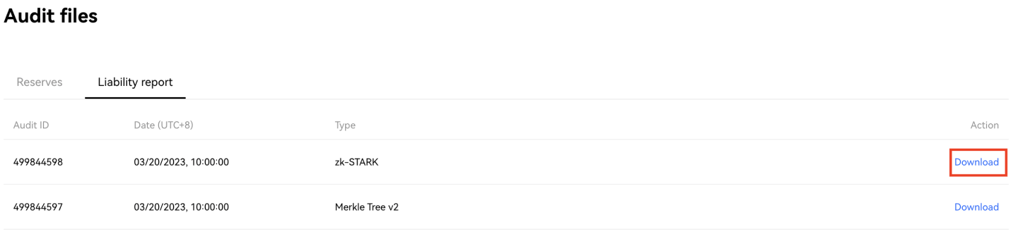 Under “Proof of Reserves files” download the zk-STARK file from the “Liability report” tab.