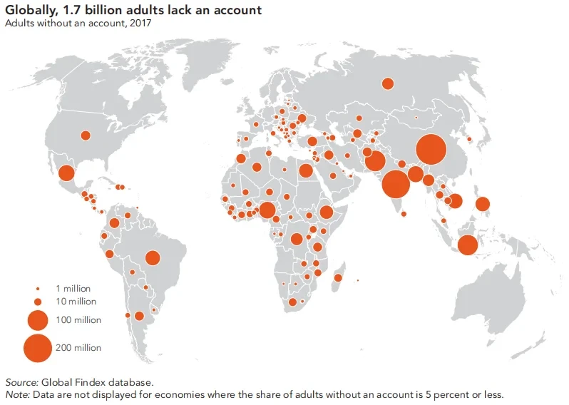 全球无银行账户的人群分布图，来源世界银行