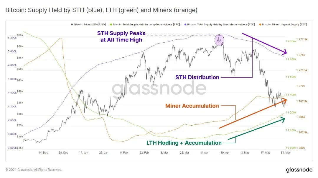 Bitcoin: Supply Held by STH (blue), LTH (green) and Miners (orange)