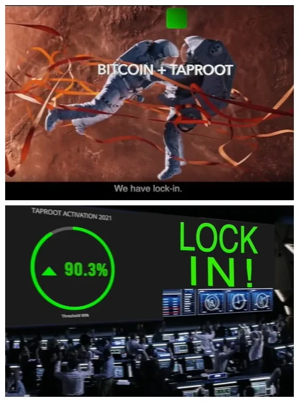 比特币爱好者制作的庆祝taproot升级方案“锁定”的视频截图，来源taproot.watch