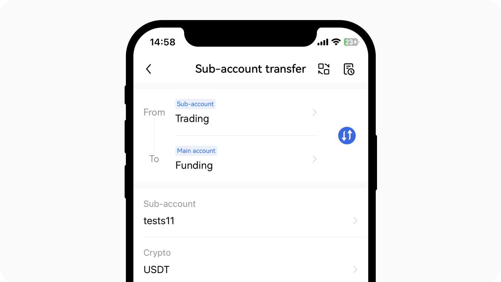Select sub-account transfer at the top right corner