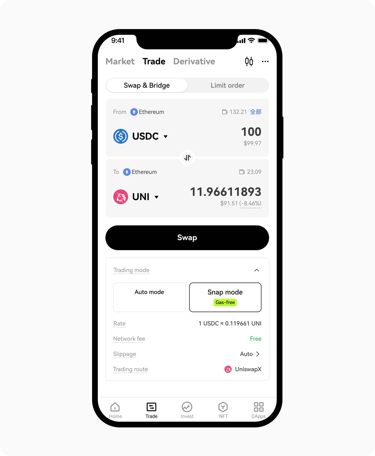 What's Snap mode powered by UniswapX, and how do I use it? OKX