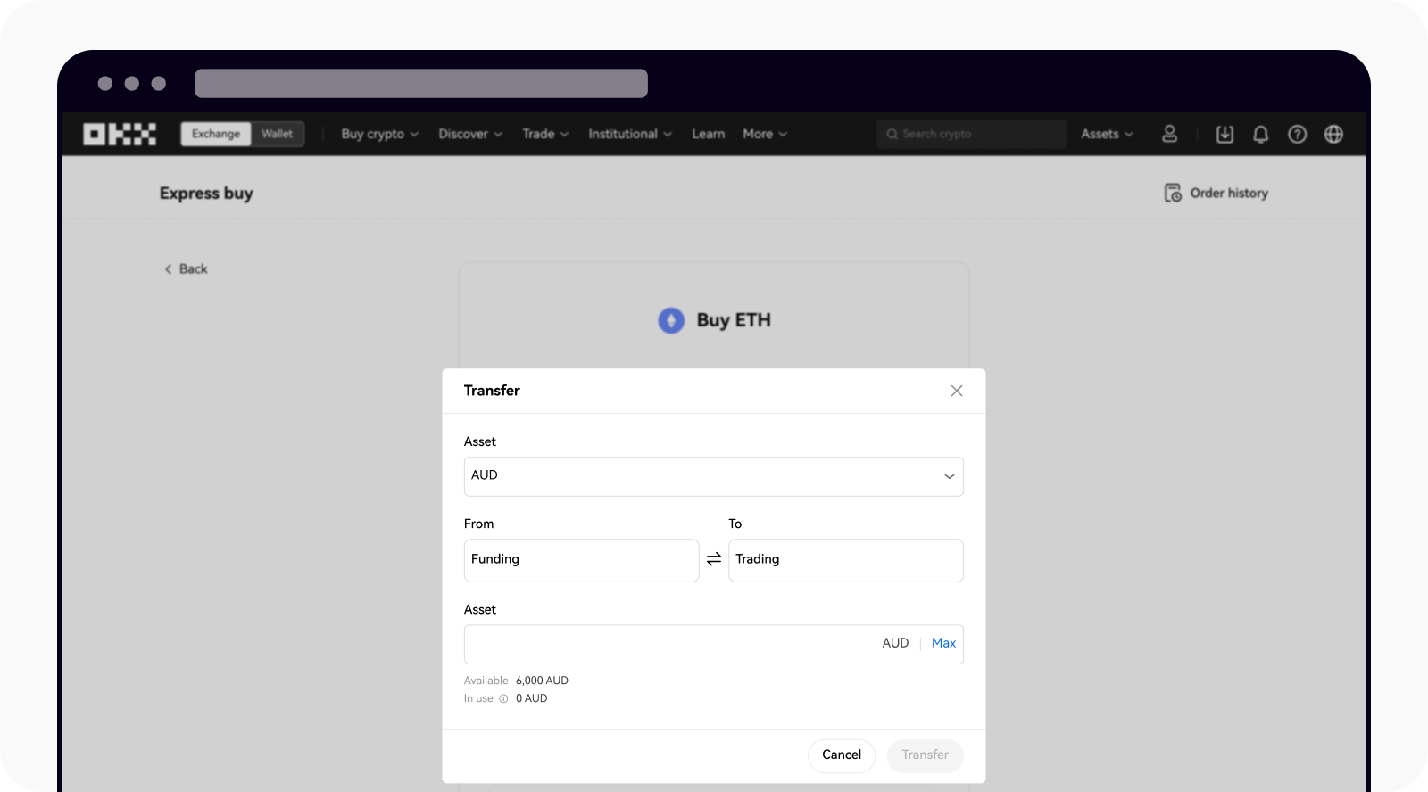 Transfer AUD to trading account on OKX web