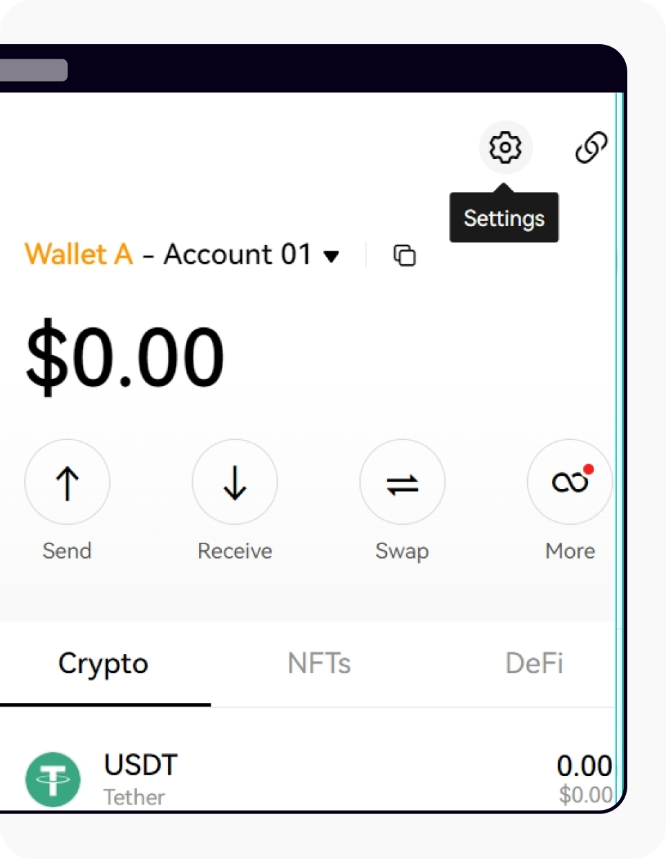 Si ya has conectado tu OKX Wallet, selecciona la configuración en la esquina superior derecha para agregar una billetera