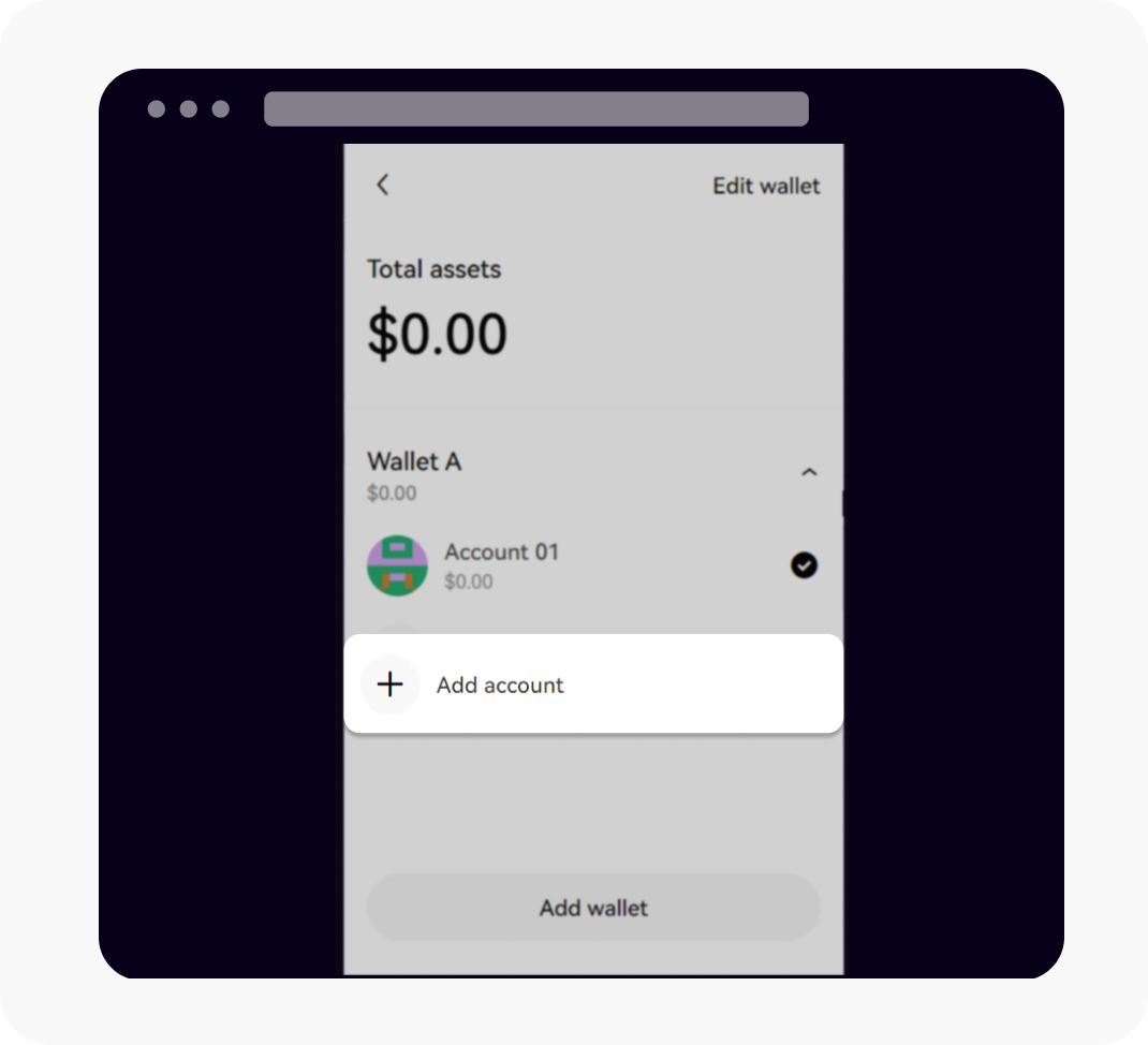 Select add account at the bottom of wallet extention