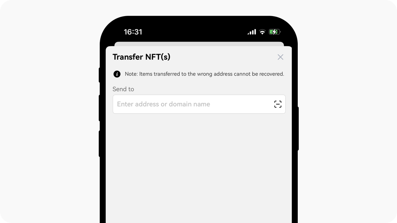 Interface de transferência de NFT na aplicação