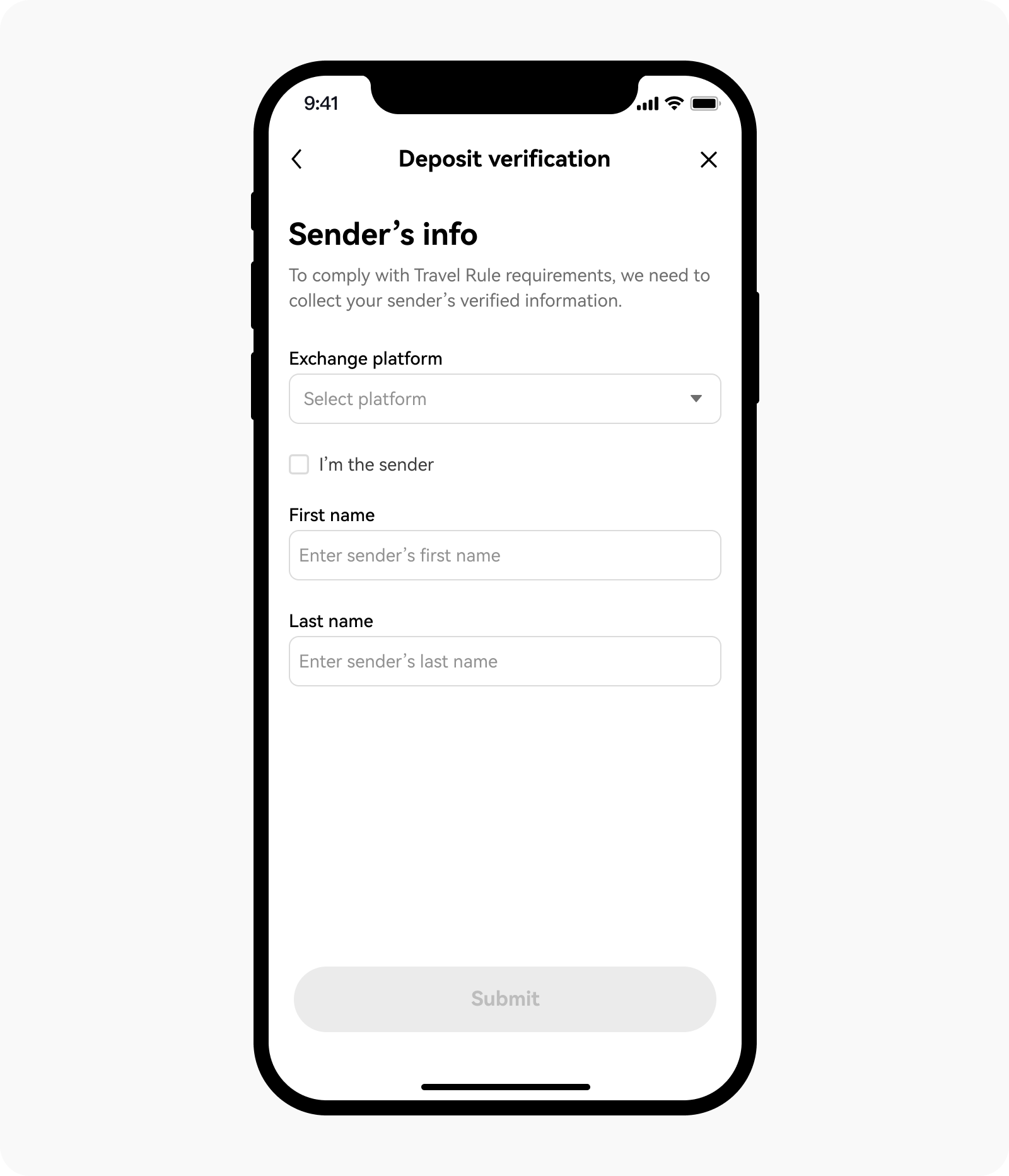 CT-app-deposit-travel rule-exchange platform-fill in details