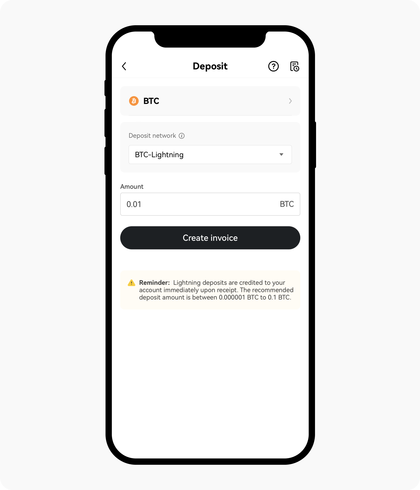 Recibo de depósito Lightning en la app