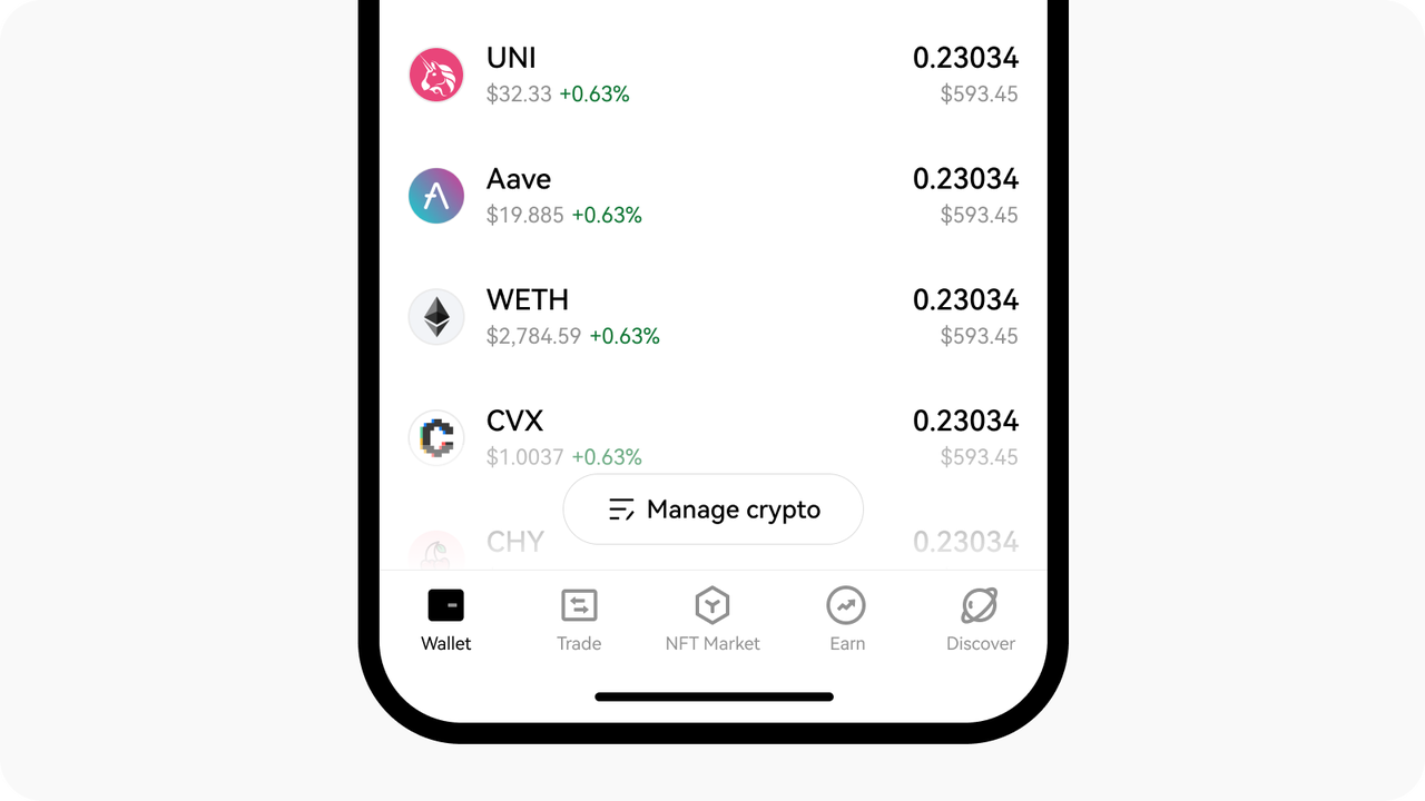 Gerenciar criptomoedas no aplicativo da carteira