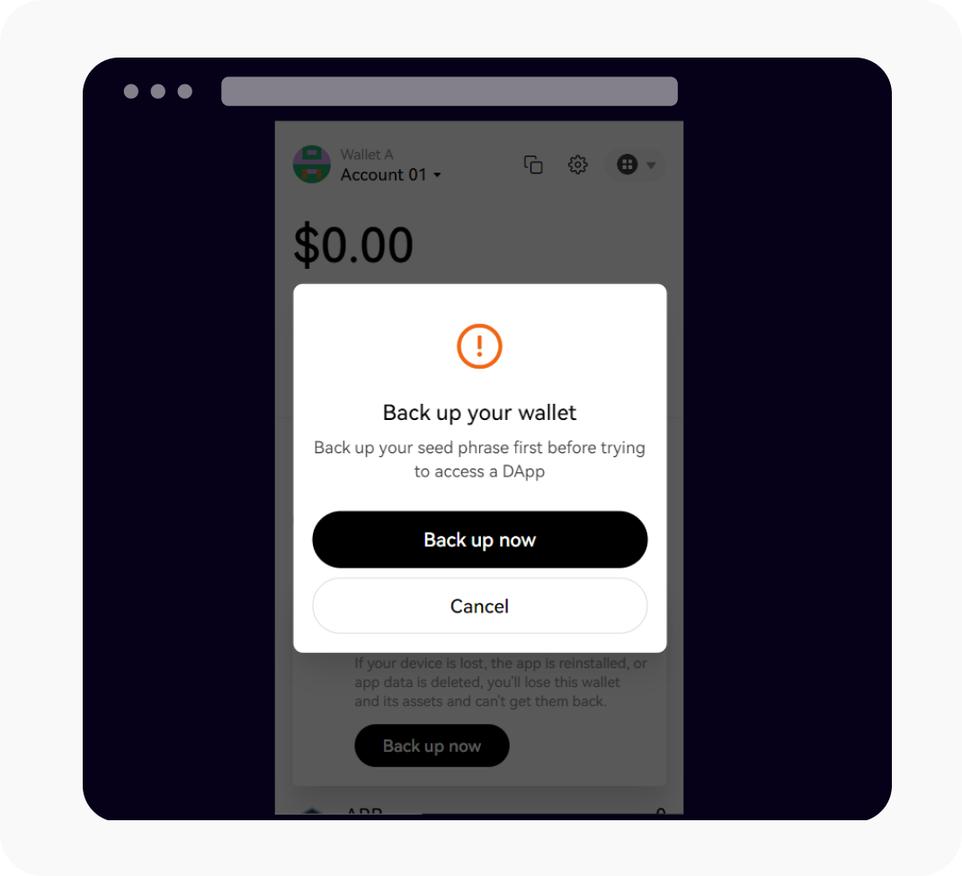 Select Back up now to secure your wallet 