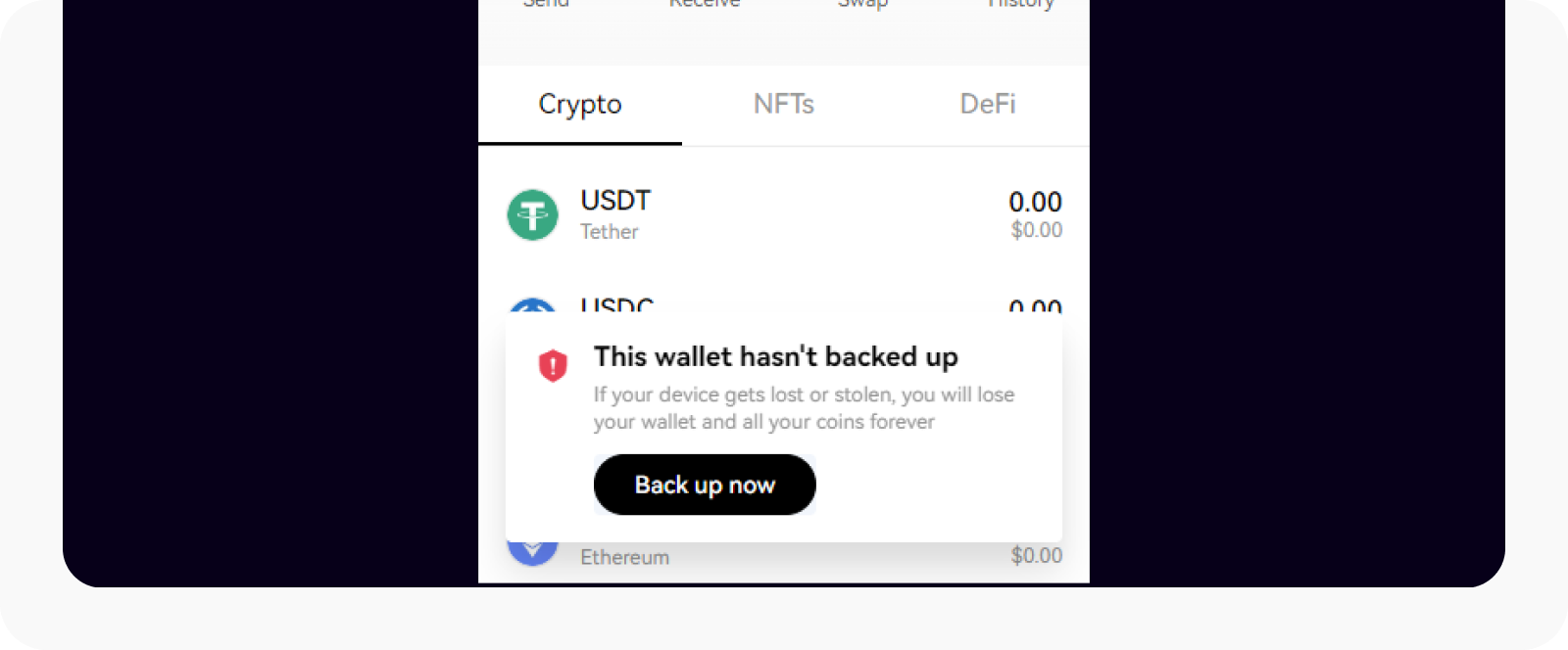 Selecteer Nu een back-up maken om je wallet te beveiligen 