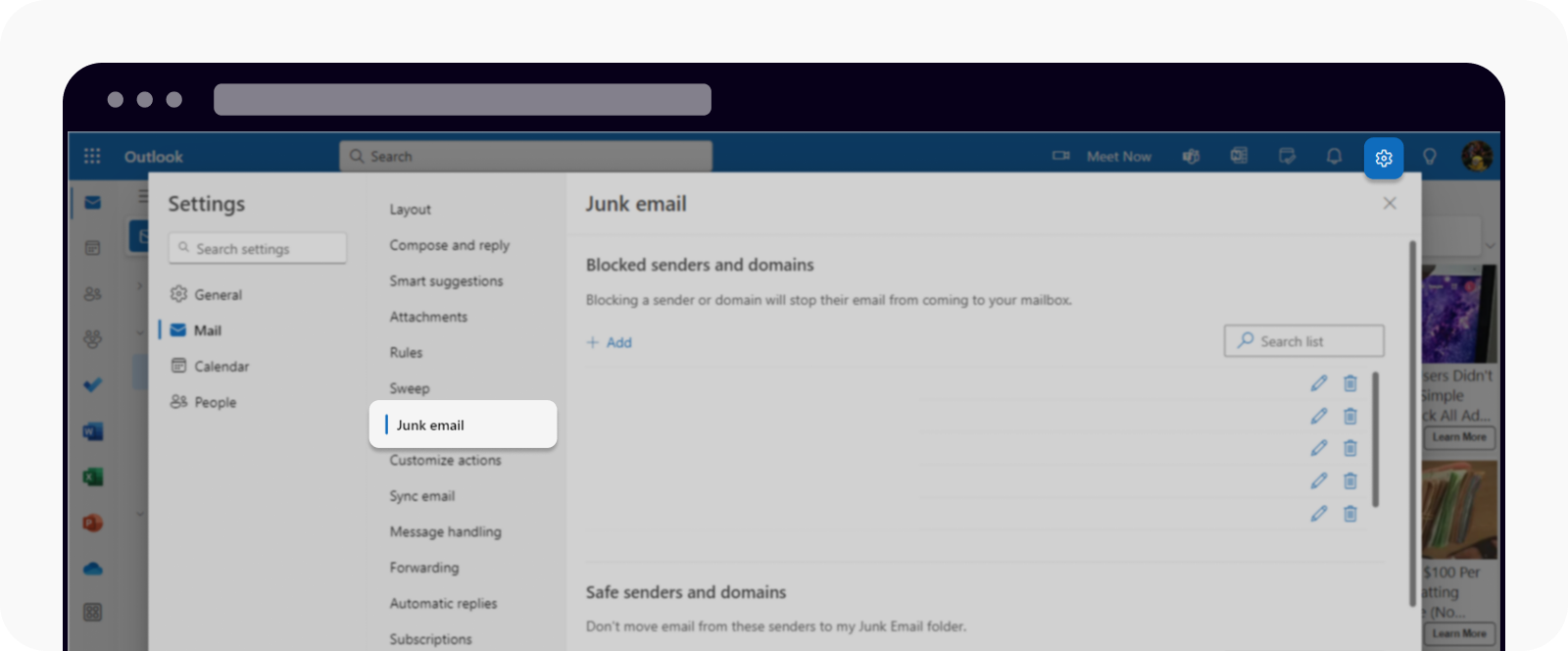 CT-web-mail address whitelist-outlook junk mail
