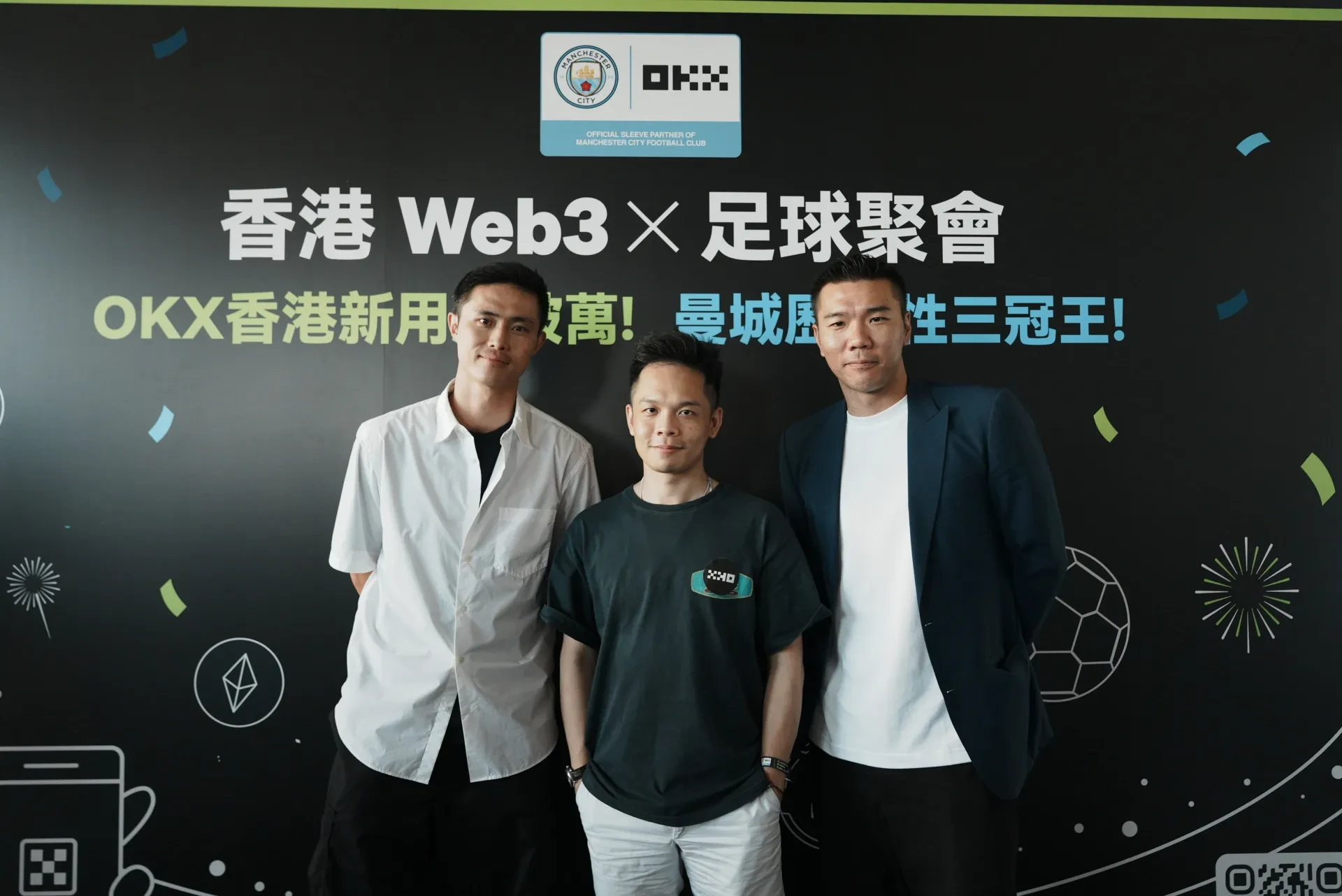 From left, Former Hong Kong Football Team Captain Wai Ho Chan, OKX Global Chief Commercial Officer Lennix Lai, and Hong Kong Football Team's Top Scorer Siu Ki Chan