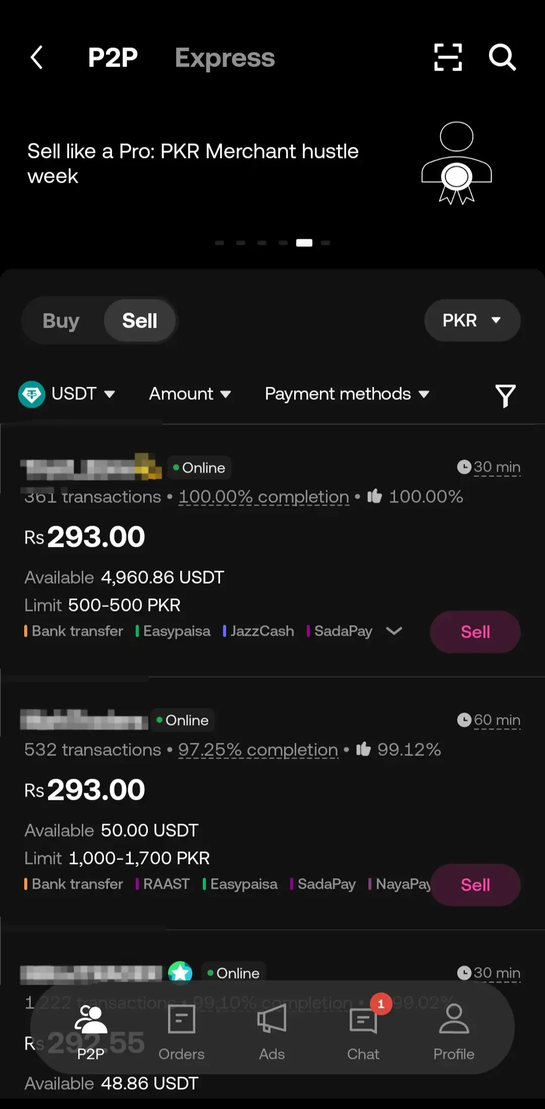 [Screenshot 14: P2P Sell page with buyer list]