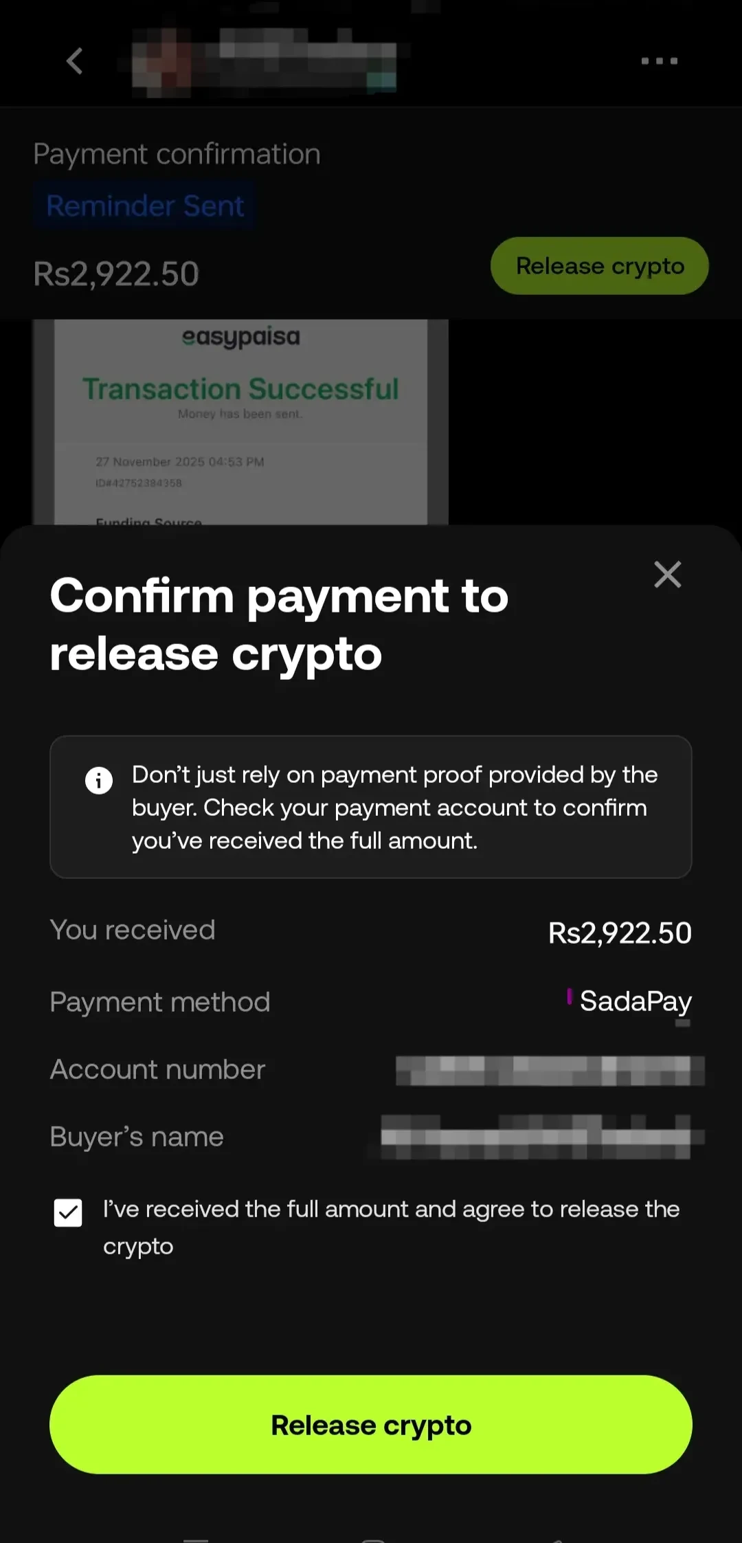 [Screenshot 16: Order page with Release Crypto button]