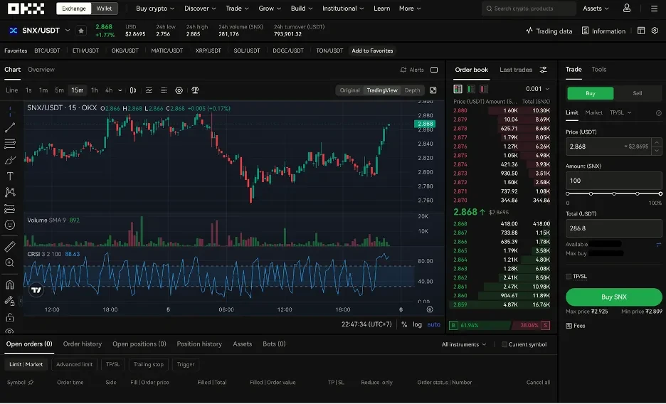 Buying SNX on OKX web platform