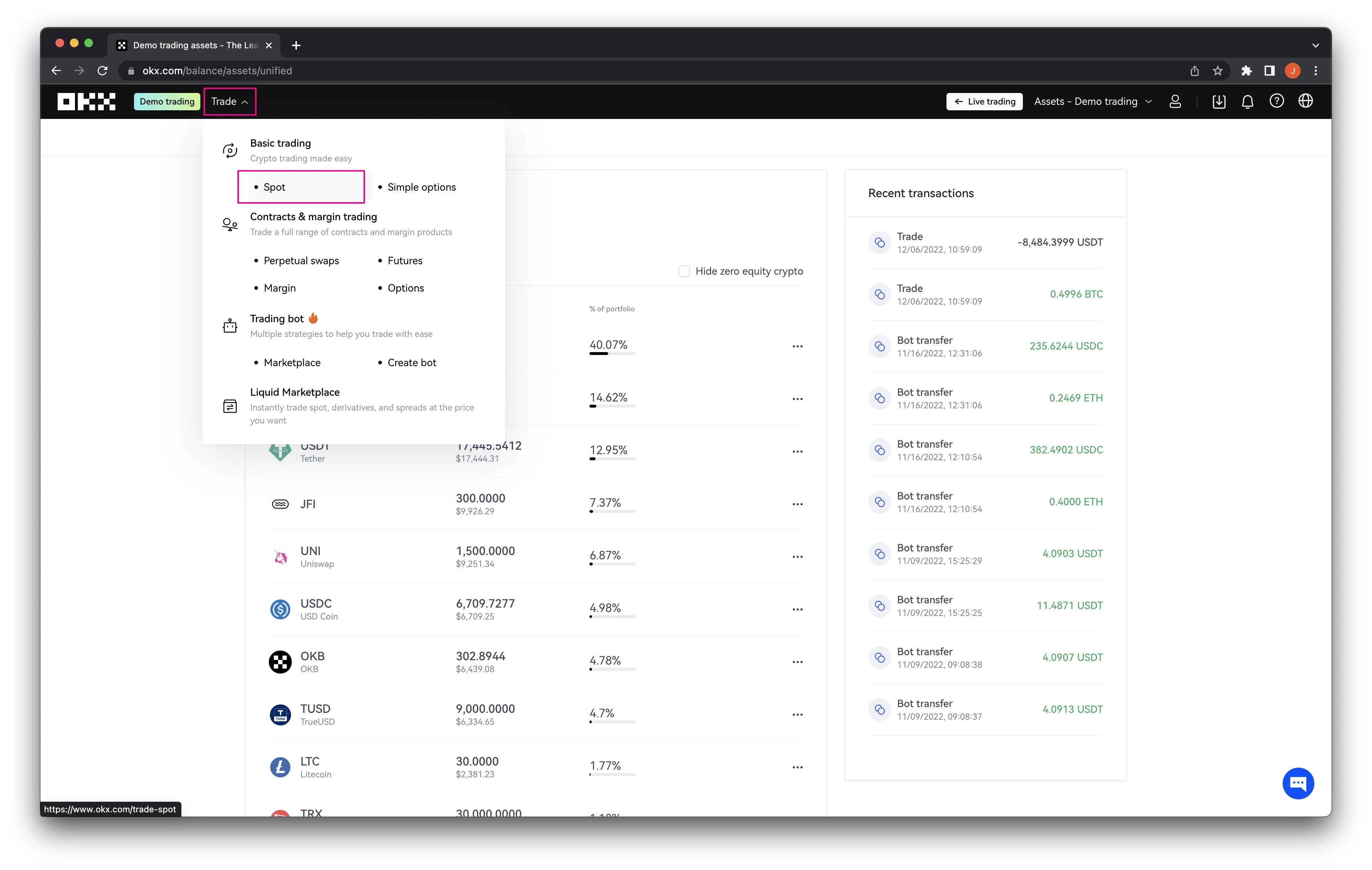 Access to demo spot trading