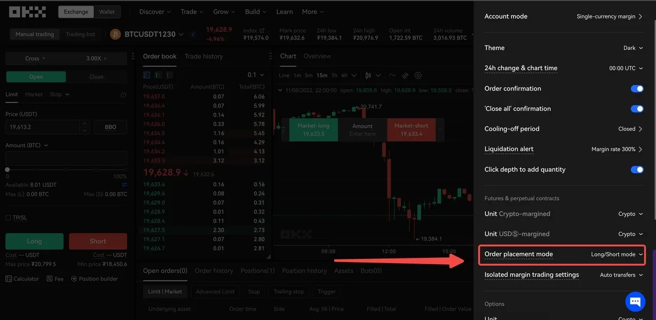 Long/Short order placement mode