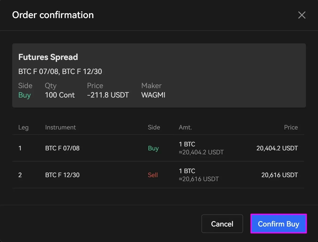 Futures spread - Confirming your order