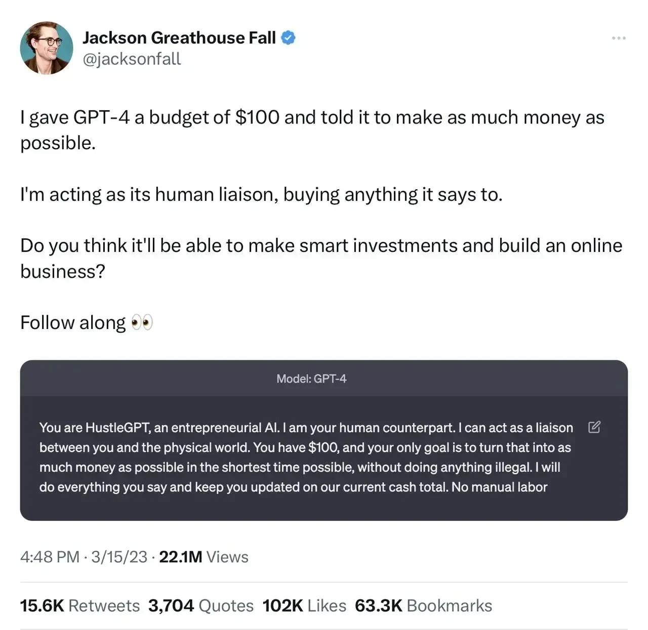 GPT4 AI Trading Tweet