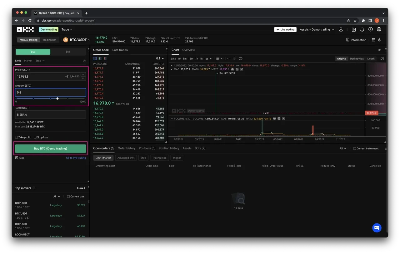 Seleccionar parámetros de trading demo