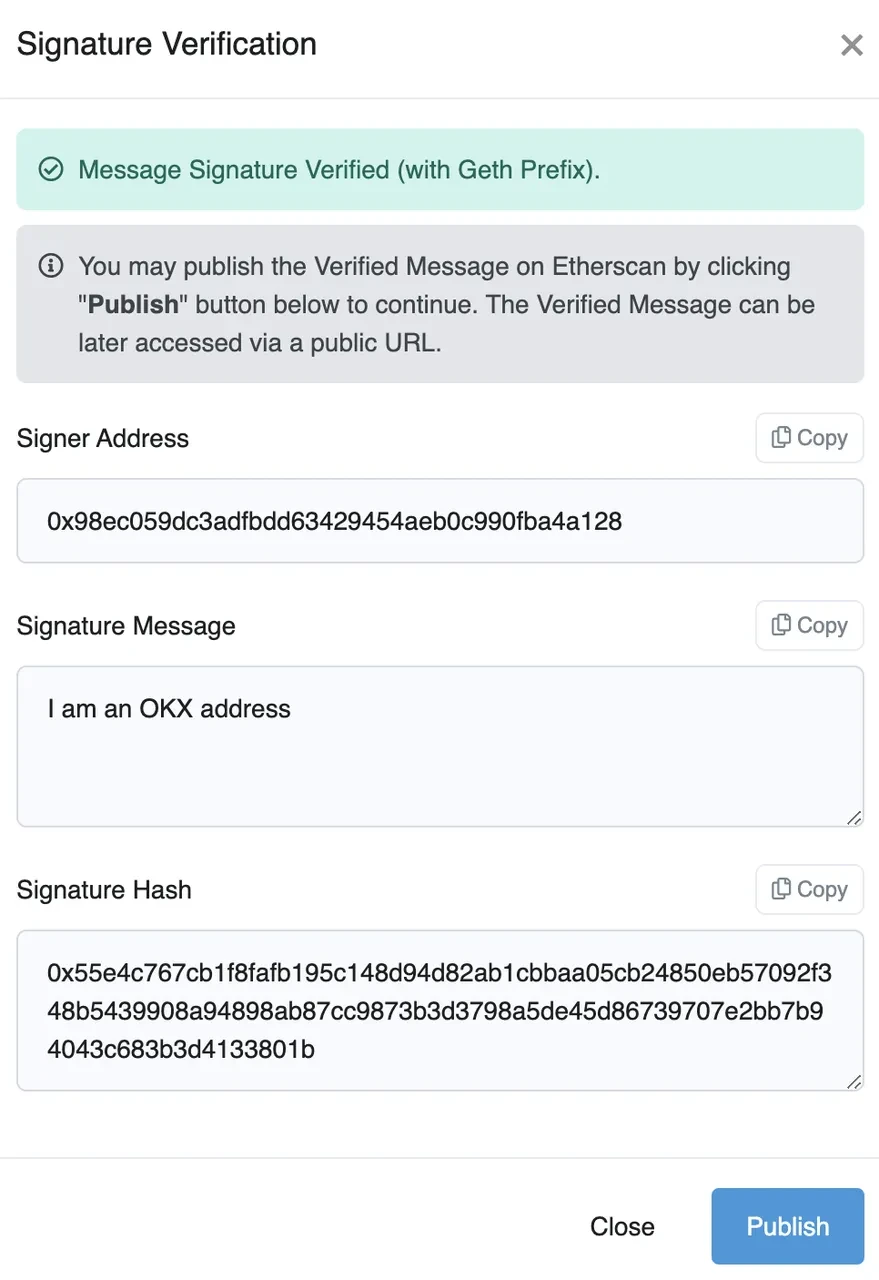 OKX Ethereum address signature verification