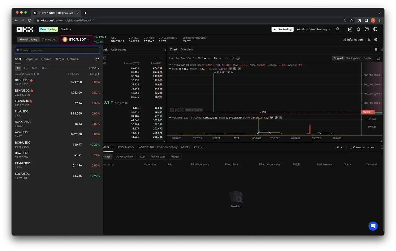 Select market and trading pair