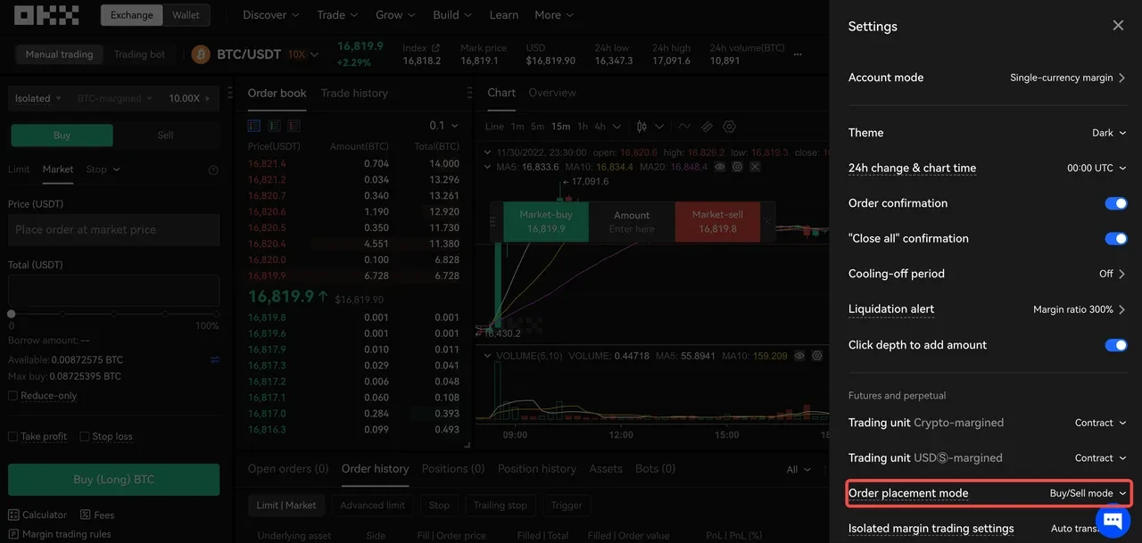 Seleccionar el modo de creación de órdenes Compra/venta