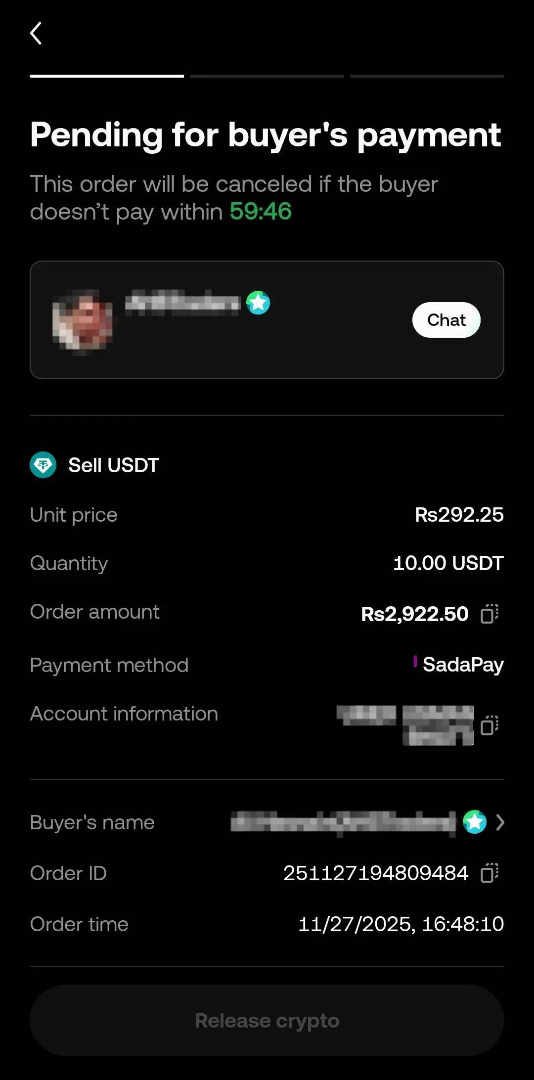 [Screenshot 15: Order page with Release Crypto button]