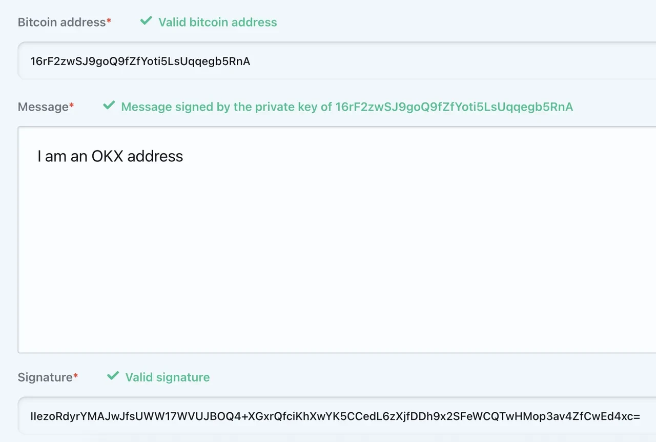OKX Bitcoin address signature verification