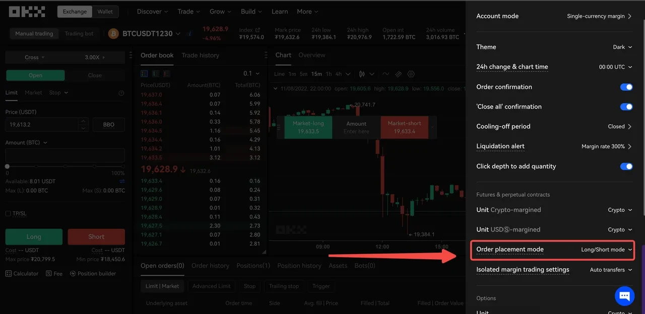 Ativar modo de posição comprado/vendido na OKX